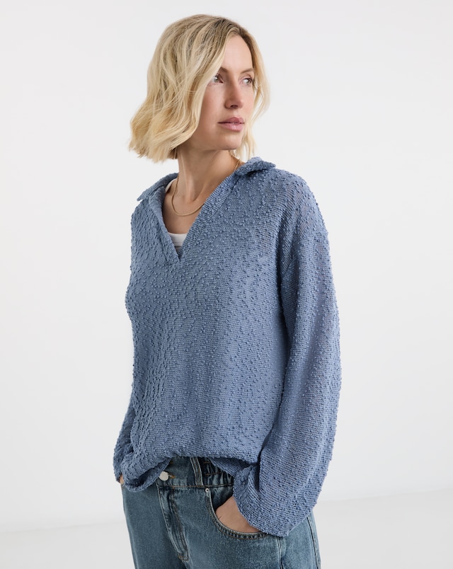 Blue Boucle V-Neck Collared Long Sleeve Top
