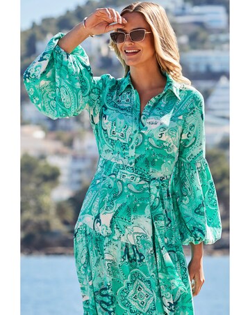 Sosandar Green Paisley Print Tiered Hem Maxi Shirt Dress