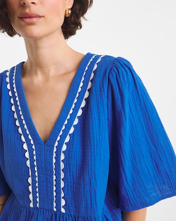 Trim Detail Pure Cotton Textured Short Sleeve Smock Top