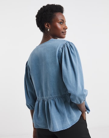 Light Blue Peplum Puff Sleeve Denim Top