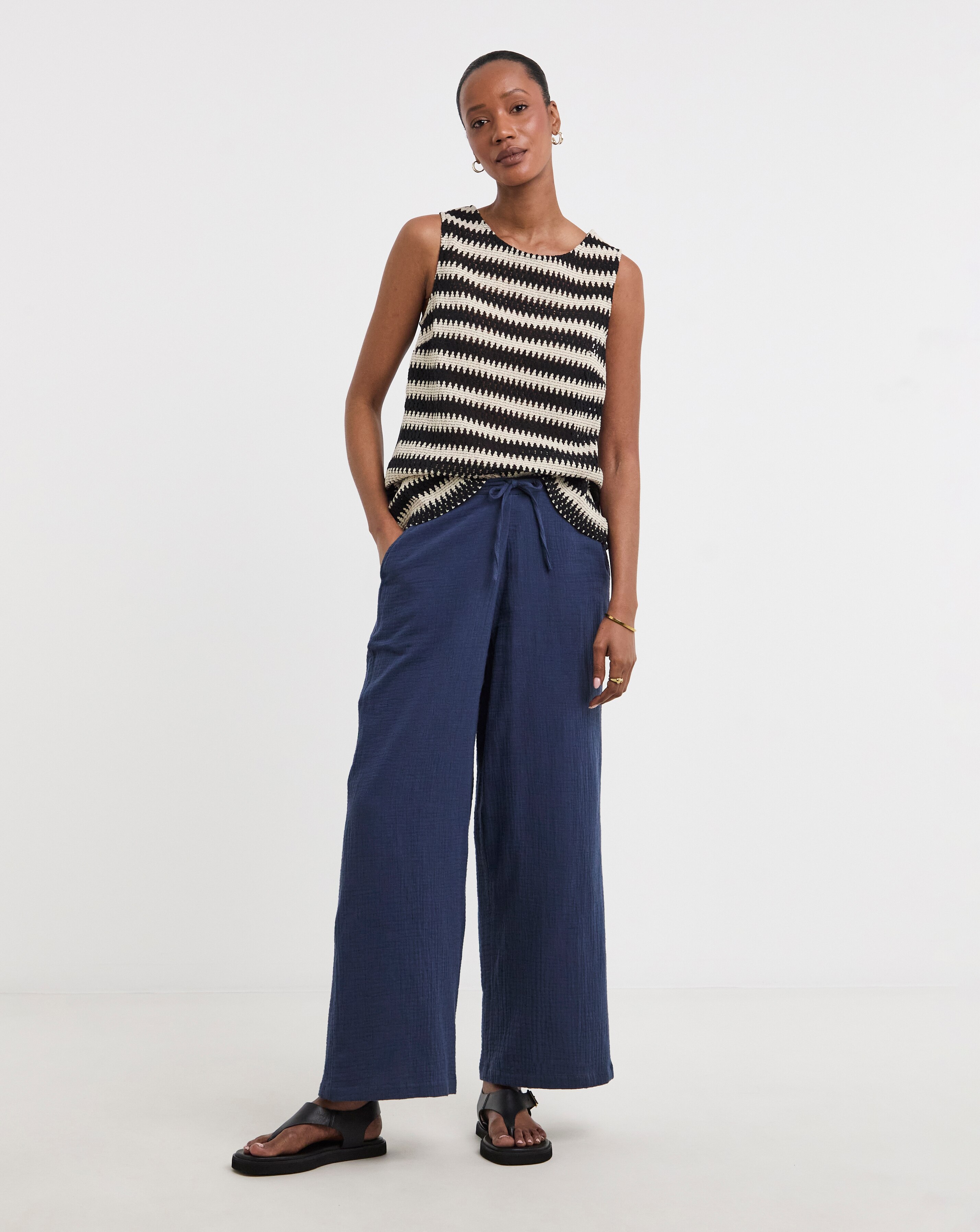 Pure Cotton Textured Pull On Wide Leg Trousers