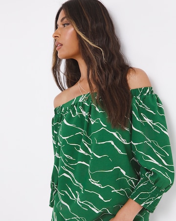 Green Print Three Quarter Sleeve Bardot Top