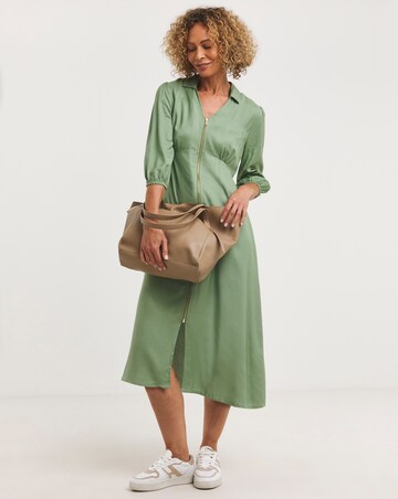 Pistachio Zip Front Shirt Dress With Open Neck