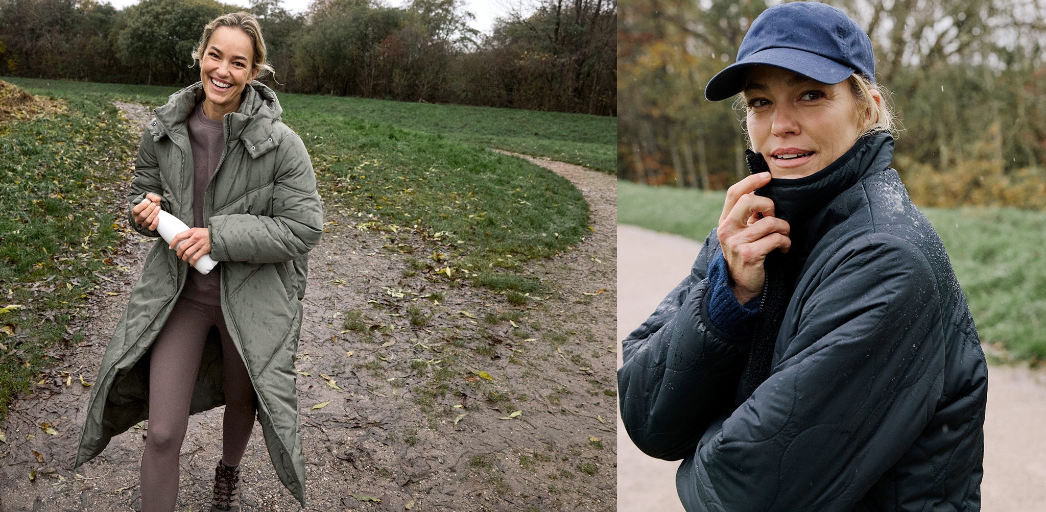 A lady outside walking wearing a long quilted green coat