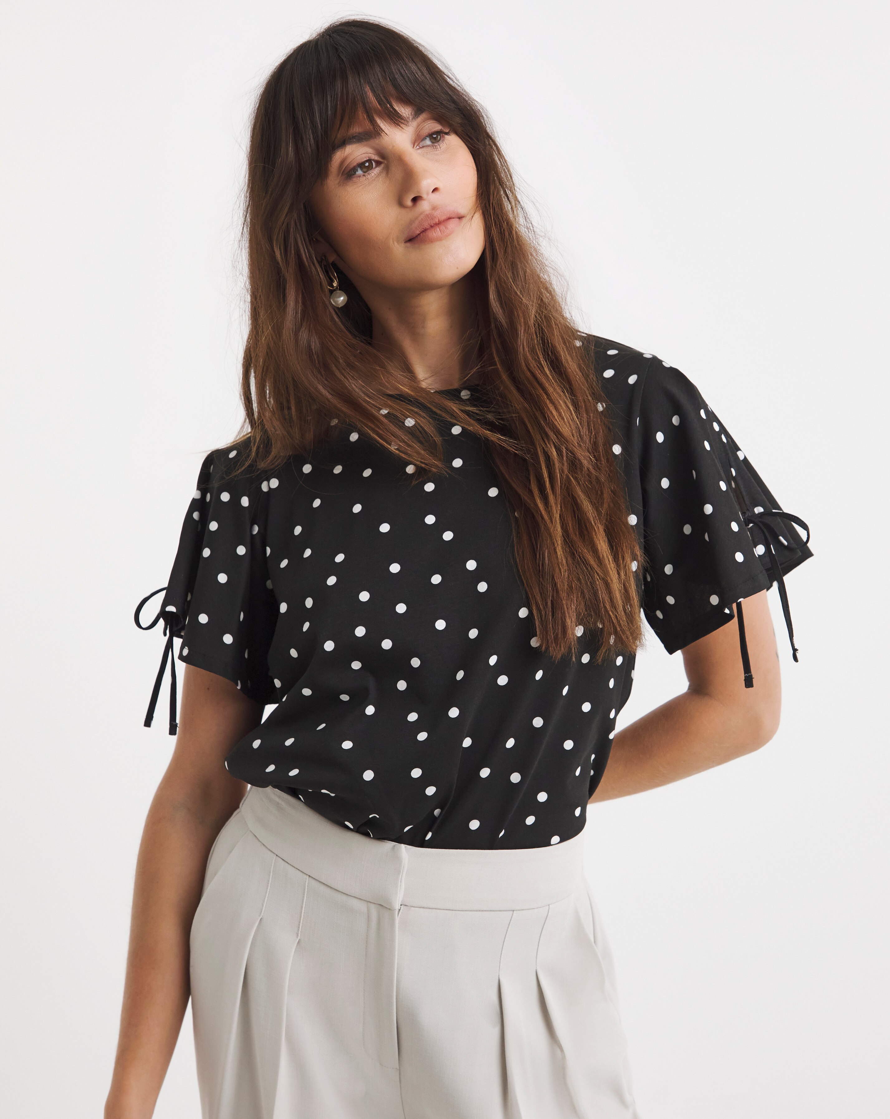 Pure Cotton Crew Neck Tie Sleeve T-Shirt