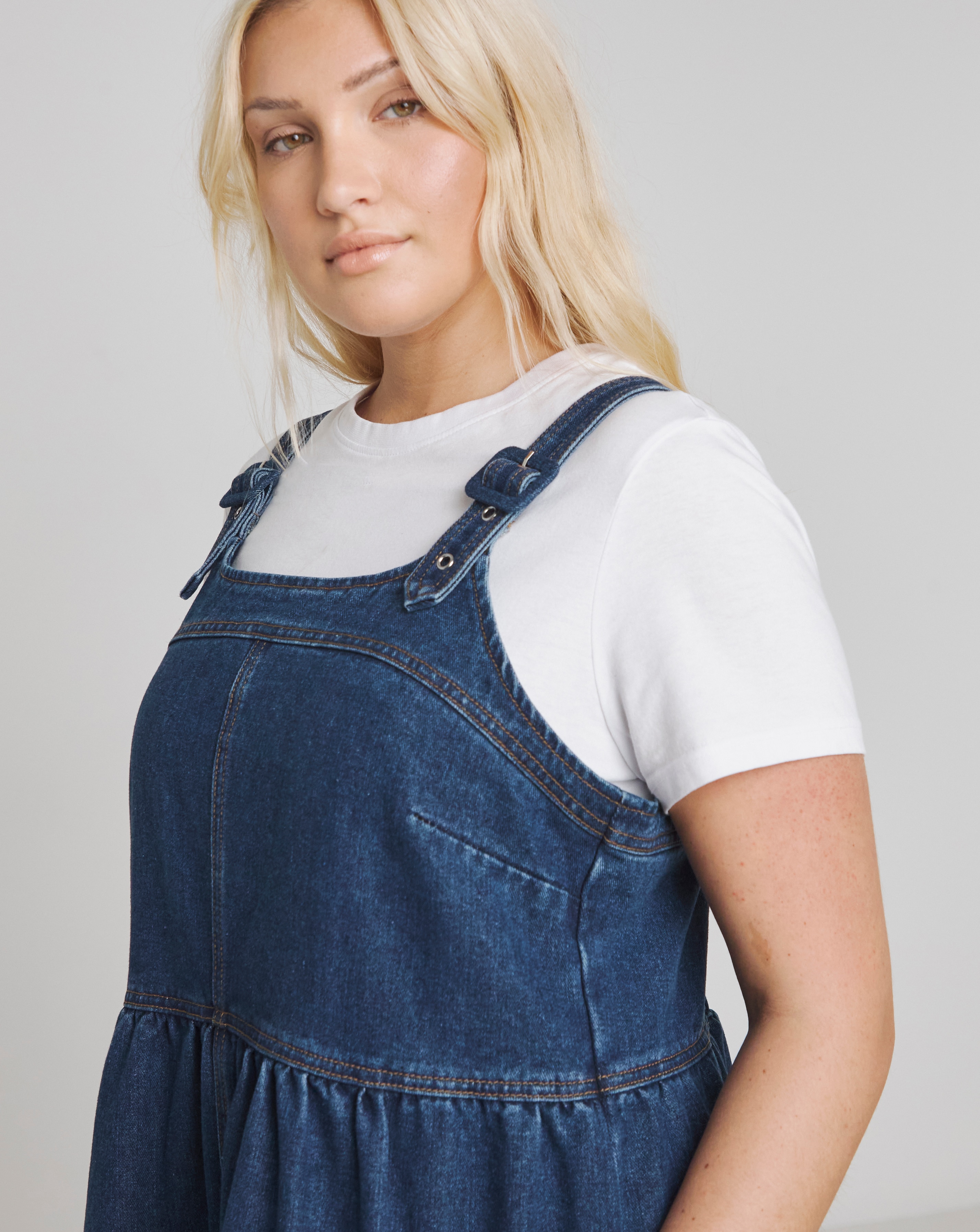 Simply Be Mid Blue Denim Covered Buckle Dungaree Midaxi Dress | JD