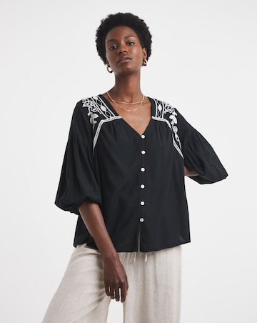 Contrast Embroidery Button Through Top