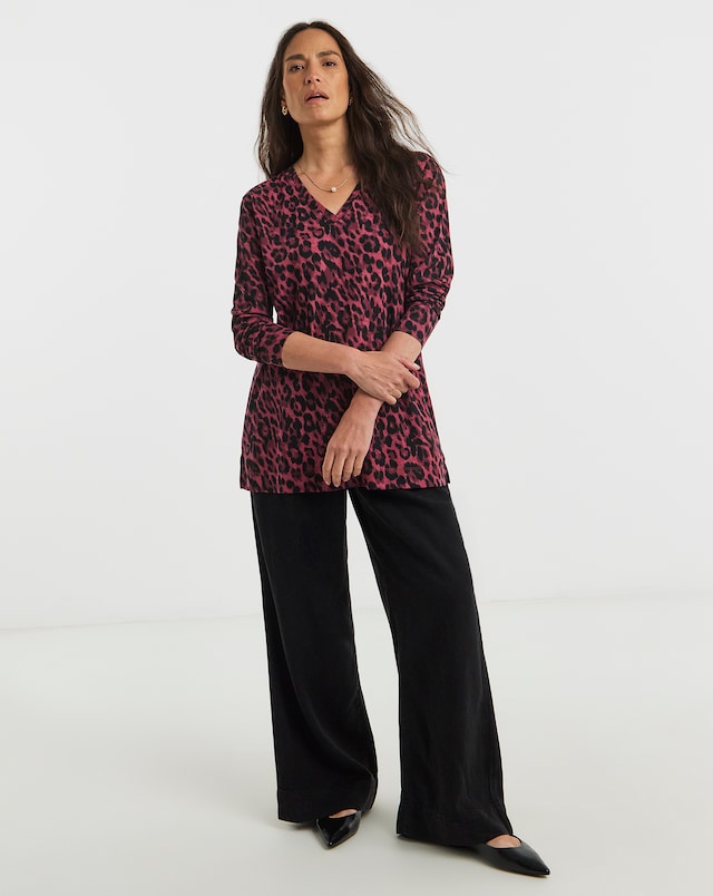 Red Print V-Neck Split Hem Slouch T-Shirt