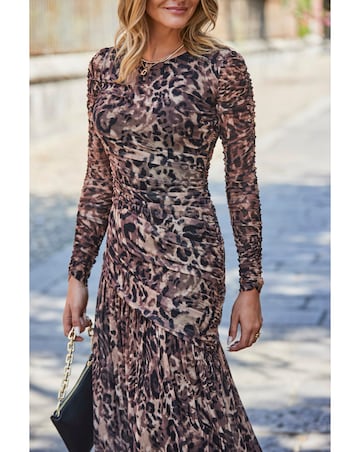 Sosandar Leopard Mesh Ruched Midi Dress