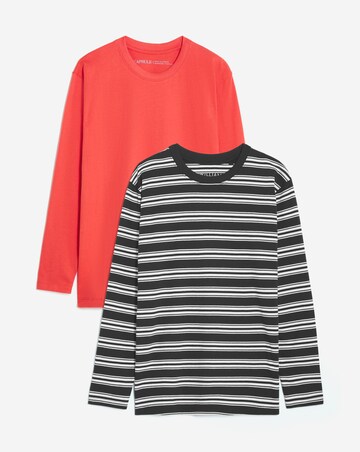 Red/Mono Stripe 2 Pack Stripe/Plain Long Sleeve Crew Neck Tops