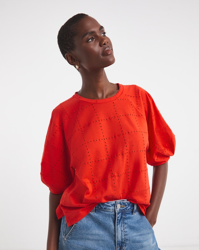 Red Broderie Crew Neck Lantern Sleeve Top