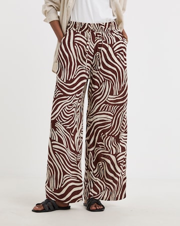Brown Print Crinkle Pull On Wide Leg Trousers