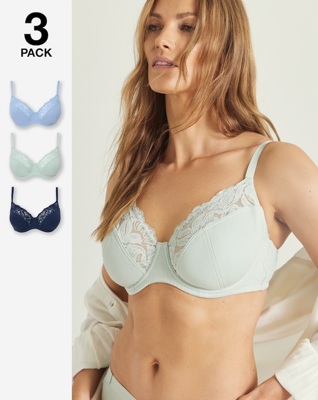 Pretty Secrets (3 Pack) Harper Lace Ribbed Full Cup Bras (B-G) Navy/Green