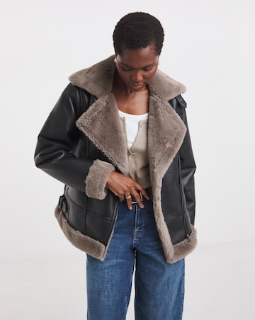 Black Contrast Faux Fur Lined Aviator Jacket