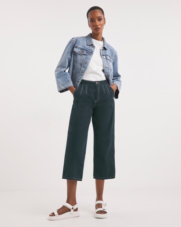 Navy Wide Leg Crop Carpenter Trousers With Contrast Stitch