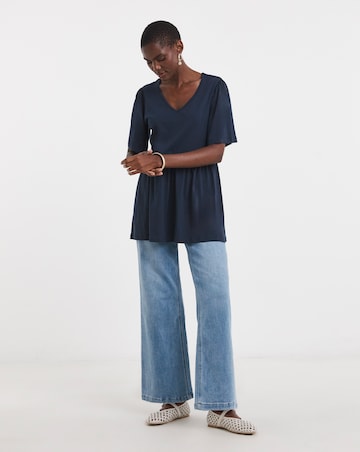 Pure Cotton V Neck SS Peplum Hem Longline Top