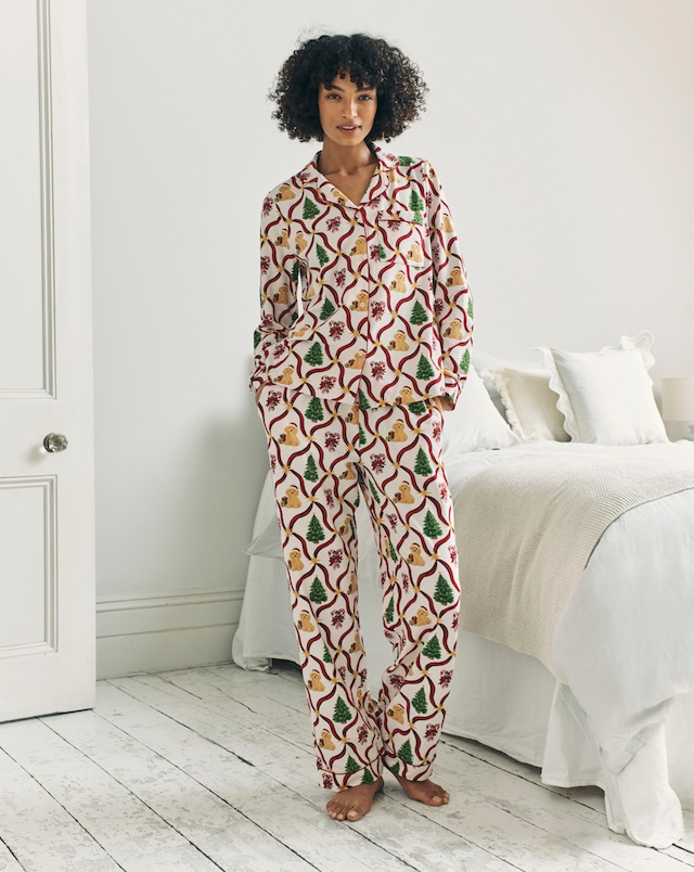 Chelsea Peers Jersey Button Up Christmas Dog Print Pyjama Set