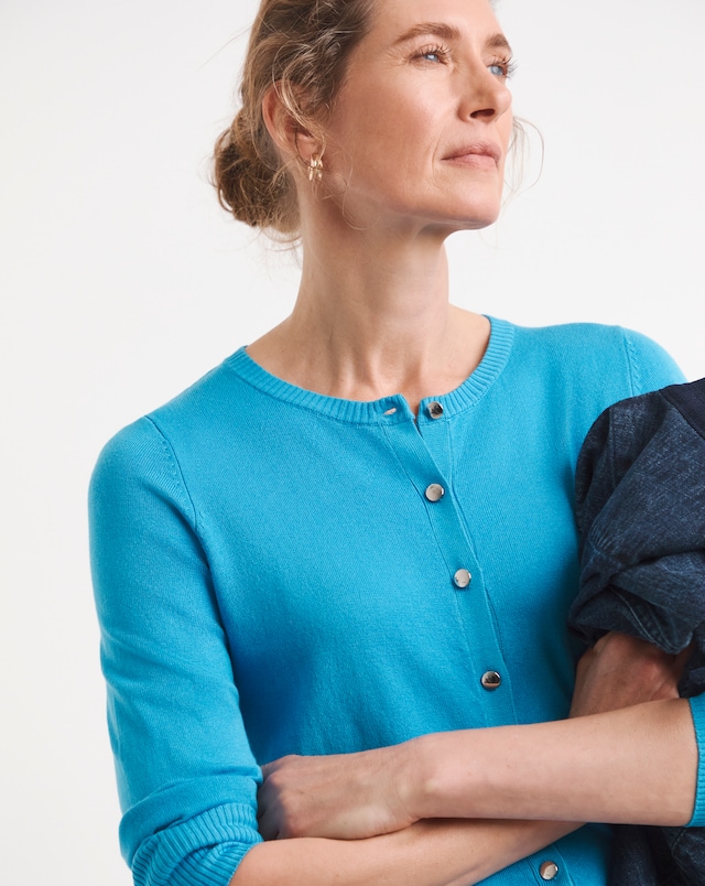 Fine Knit Crew Neck Cardigan - Blue