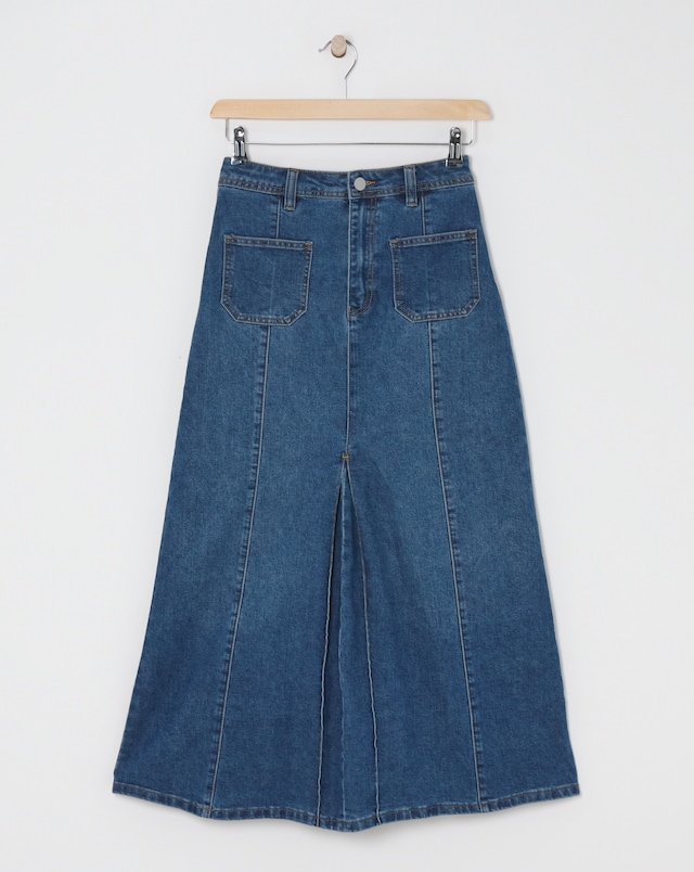 Washed Blue Pocket Front Denim Skirt
