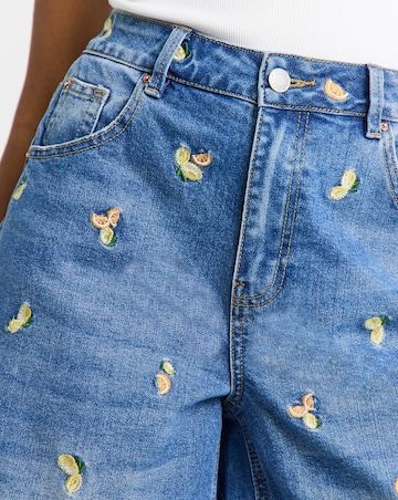 Simply Be Mid Blue Fruit Embroidered Denim Bermuda Short