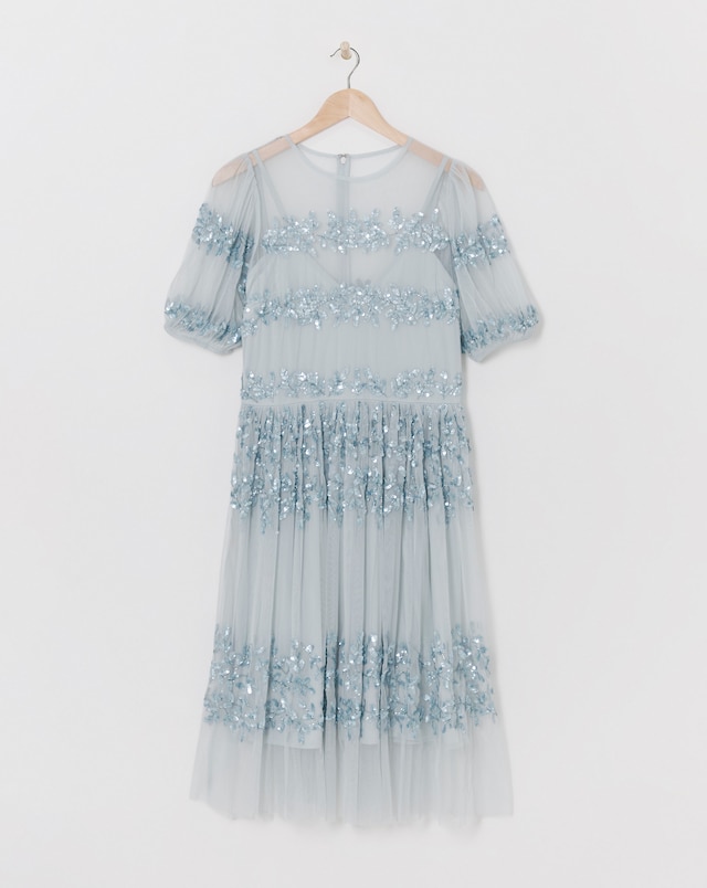 Maya Curve Puff Sleeve Stripe Sequin Embellished Tulle Midi Dress