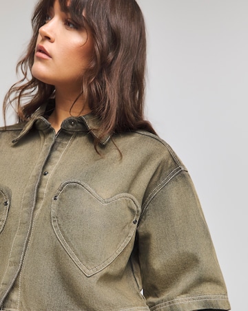 Native Youth Acid Wash Cropped Denim Shirt With Heart Pockets