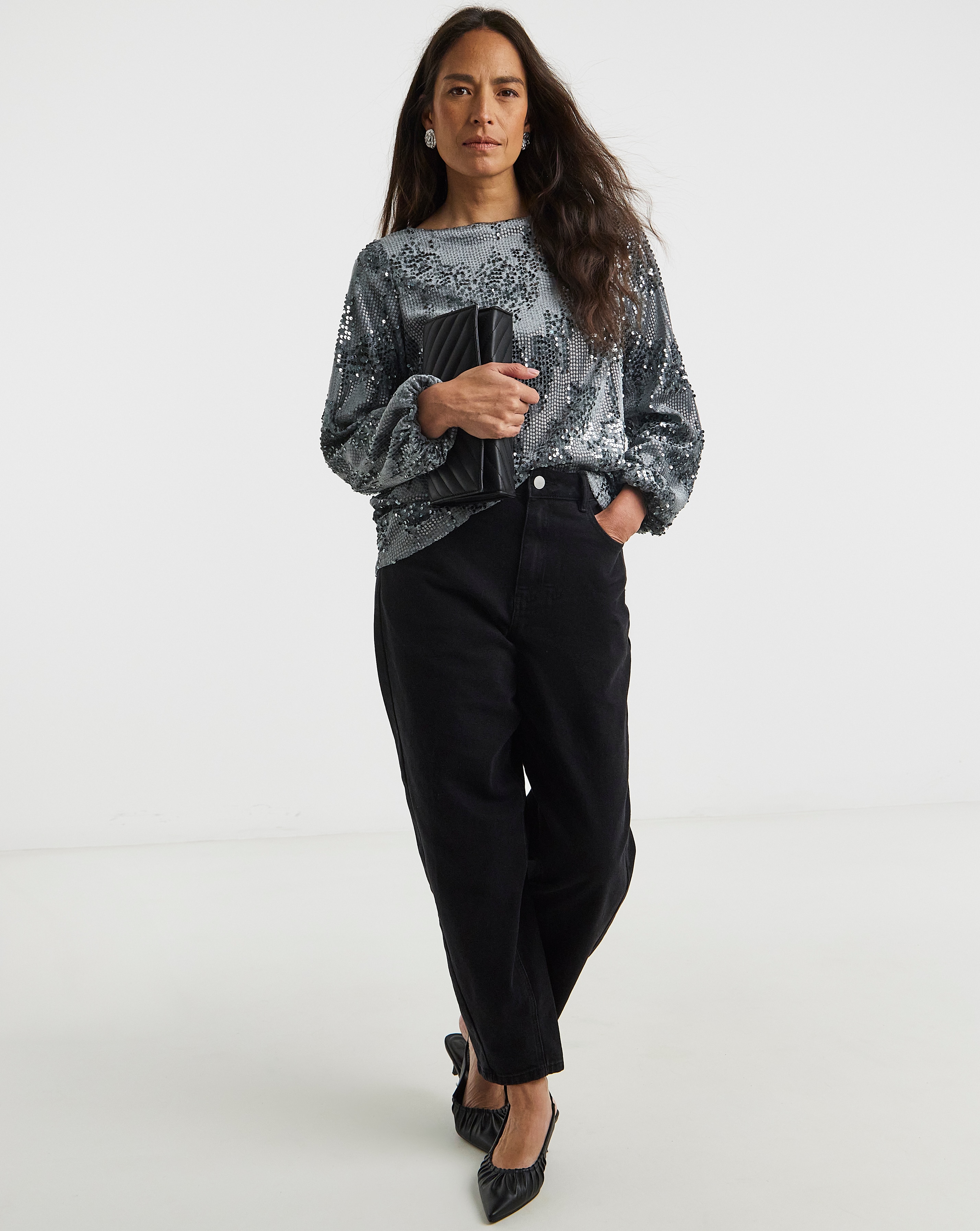 Velvet Sequin Slash Neck Volume Sleeve Top | JD Williams