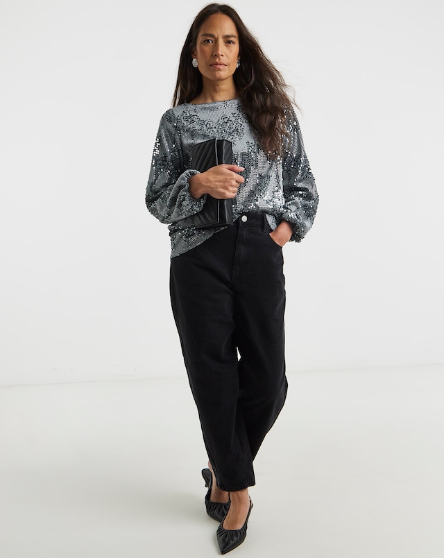 Velvet Sequin Slash Neck Volume Sleeve Top