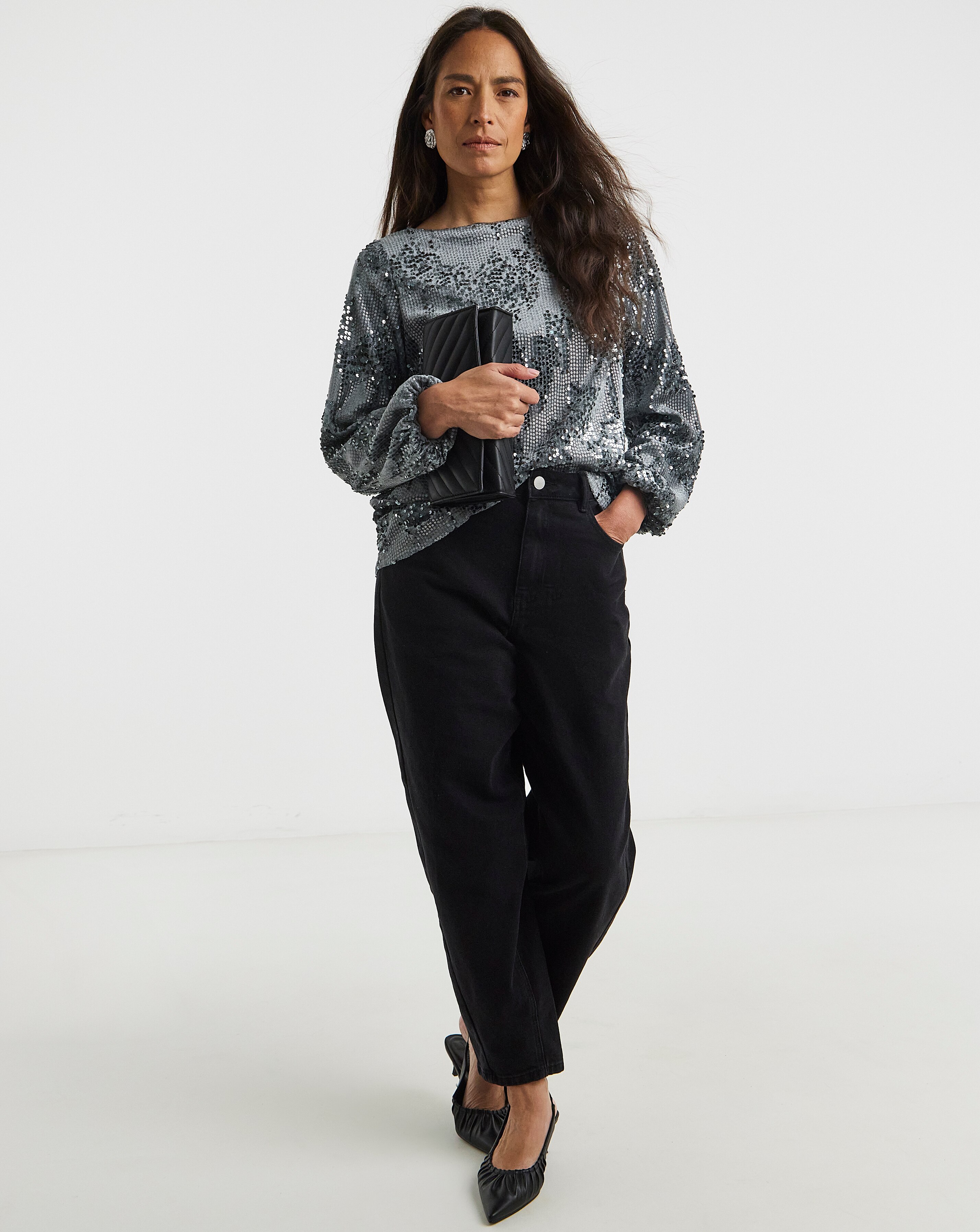 Velvet Sequin Slash Neck Volume Sleeve Top