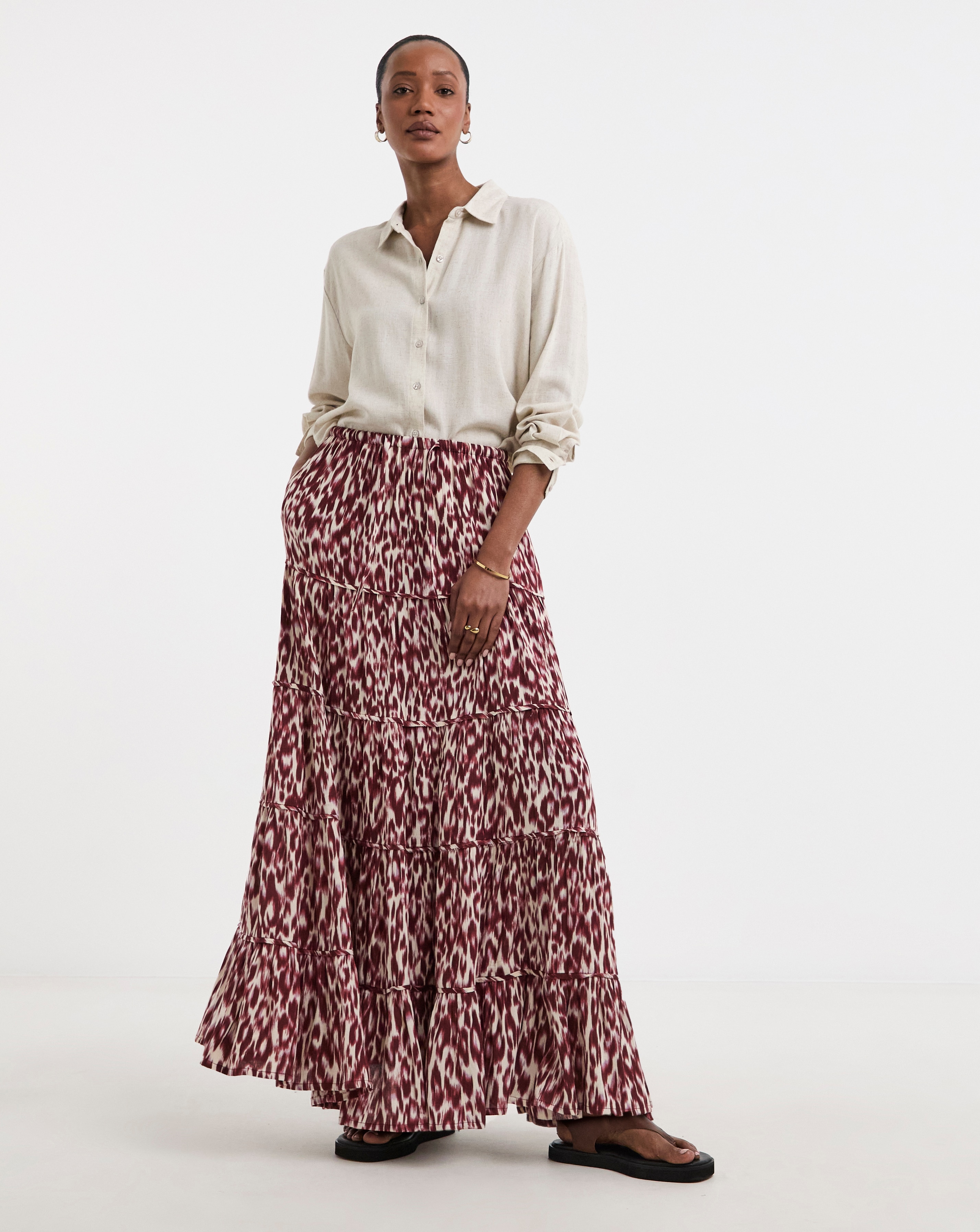 Printed Textured Crinkle Tiered Maxi Skirt