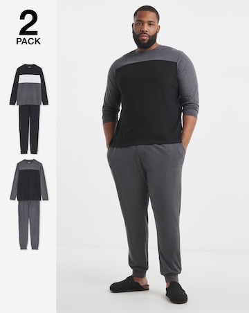 2 Pack Long Sleeve Colour Block Pyjamas-Black/Charcoal