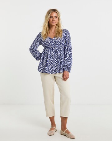 Checkerboard Long Sleeve V Neck Smock Top