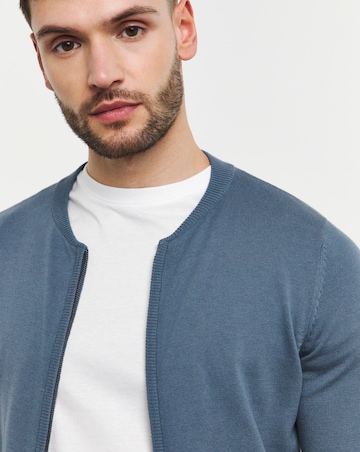 Blue Cotton Zip Up Knitted Bomber