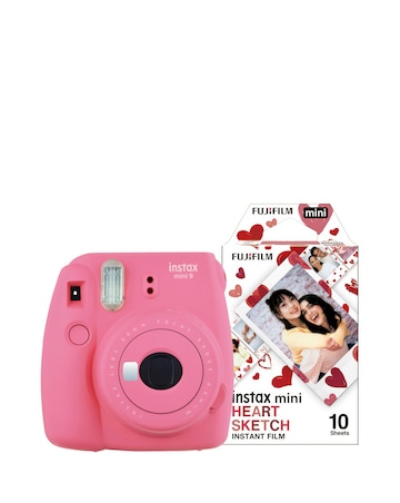 Fujifilm Instax Mini 9 Instant Camera with 10 Shot Heart Sketch Film Pack - Pink