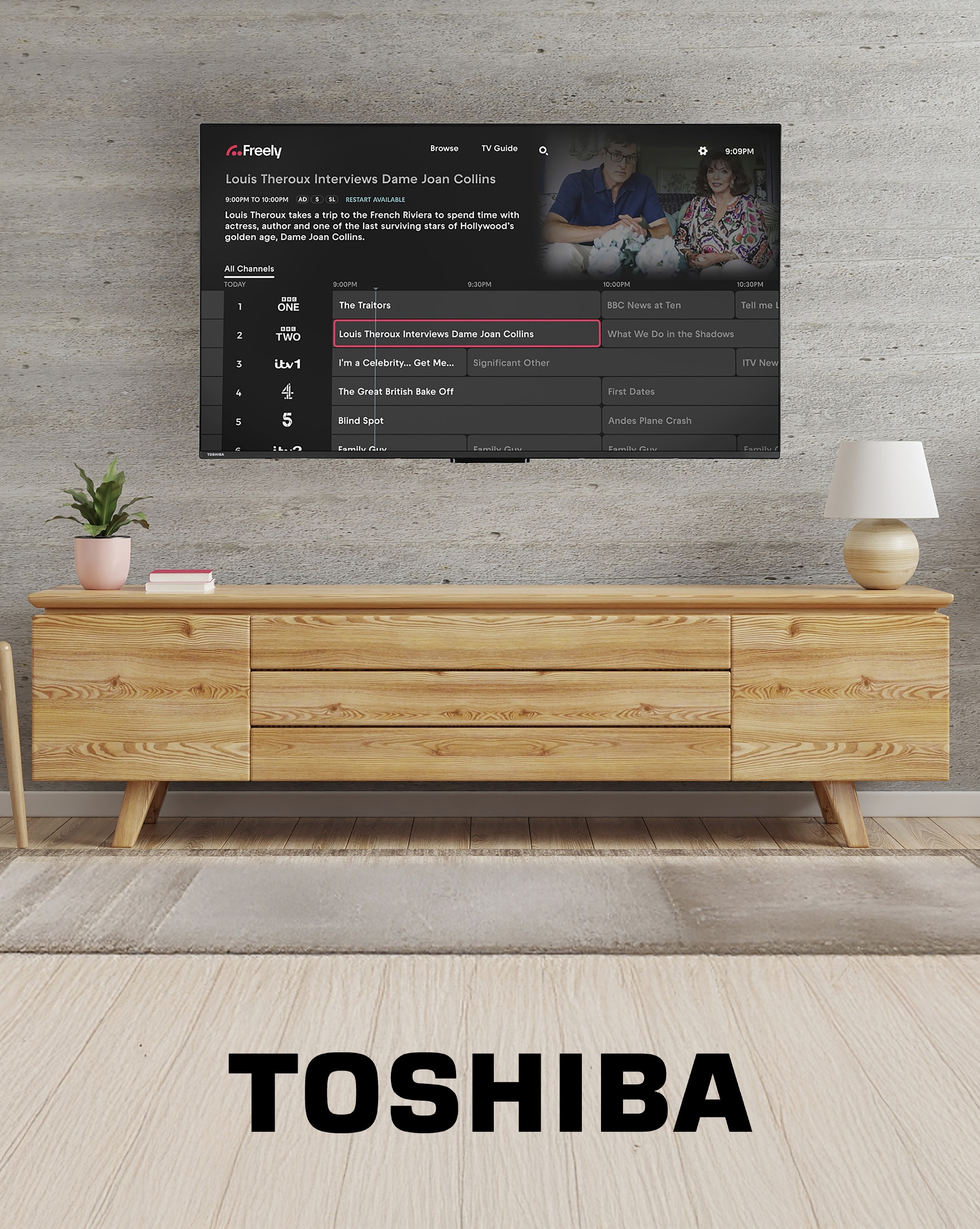 A Toshiba TV mounted on wall.