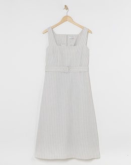 Pinstripe Linen Pinafore Dress With Detachable Belt