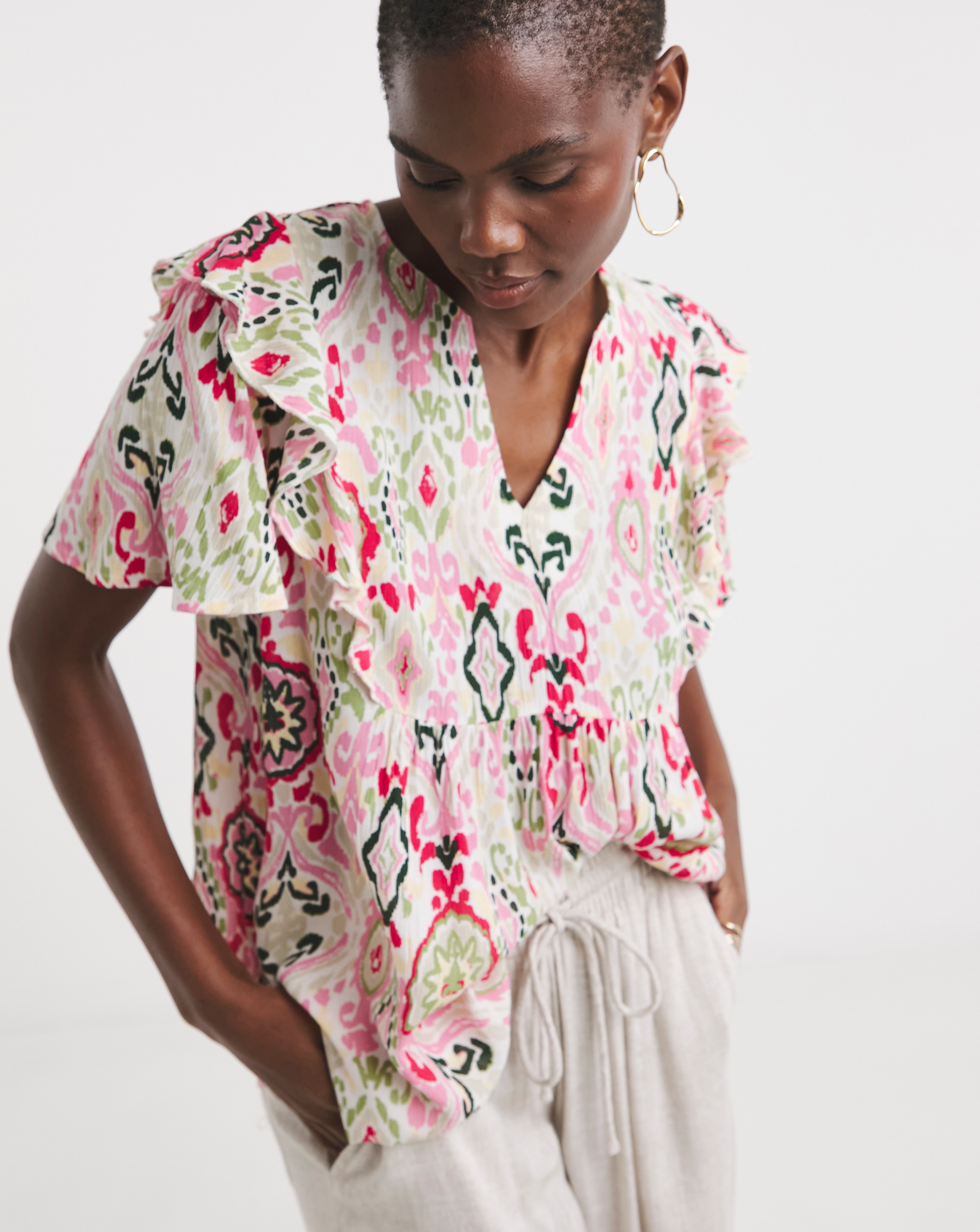 Textured Crinkle Frill Detail Angel Sleeve Top