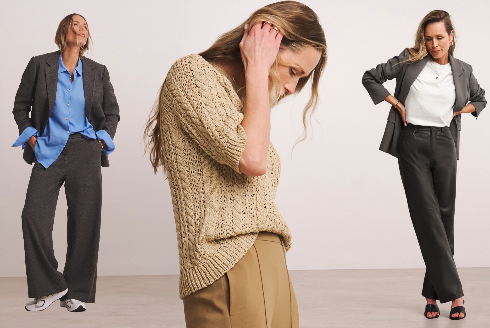 Three individuals modelling different outfits: one wearing a dark blazer with a blue shirt and wide‑leg trousers; one in the centre wearing a textured beige knit top with tan trousers; and one in a grey blazer, white top, and dark trousers, standing with hands on hips.