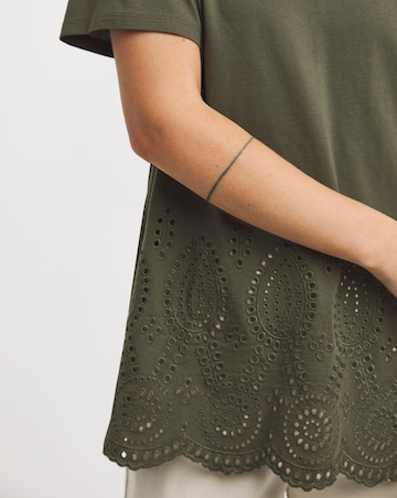 Pure Cotton Khaki Short Sleeve Broderie Hem Top