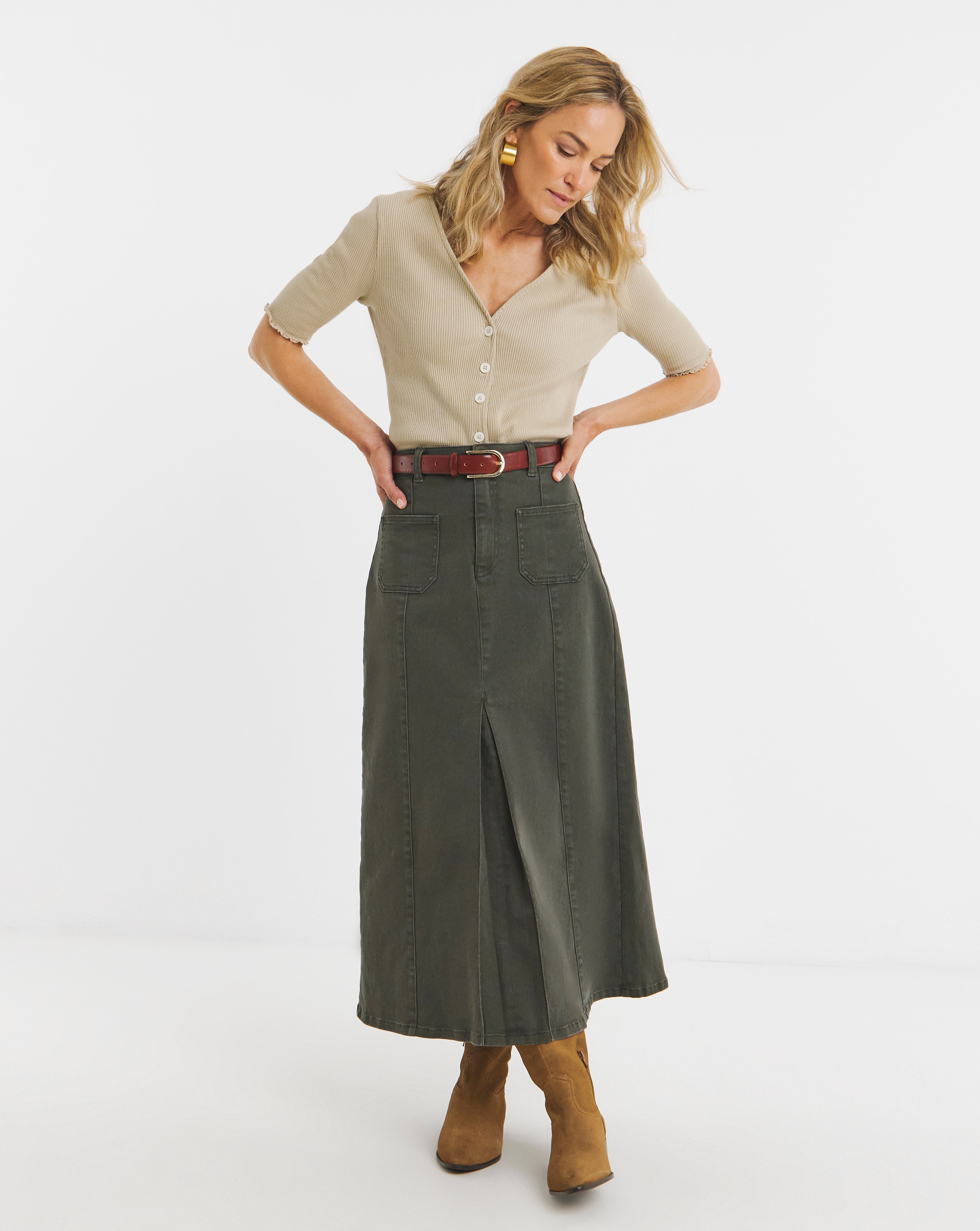 Khaki Pocket Front Denim Midi Skirt | JD Williams