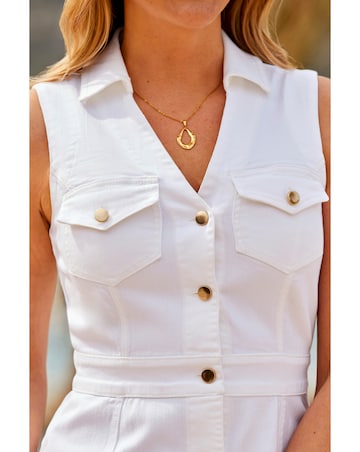 Sosandar Ivory Sleeveless Gold Button Denim Dress