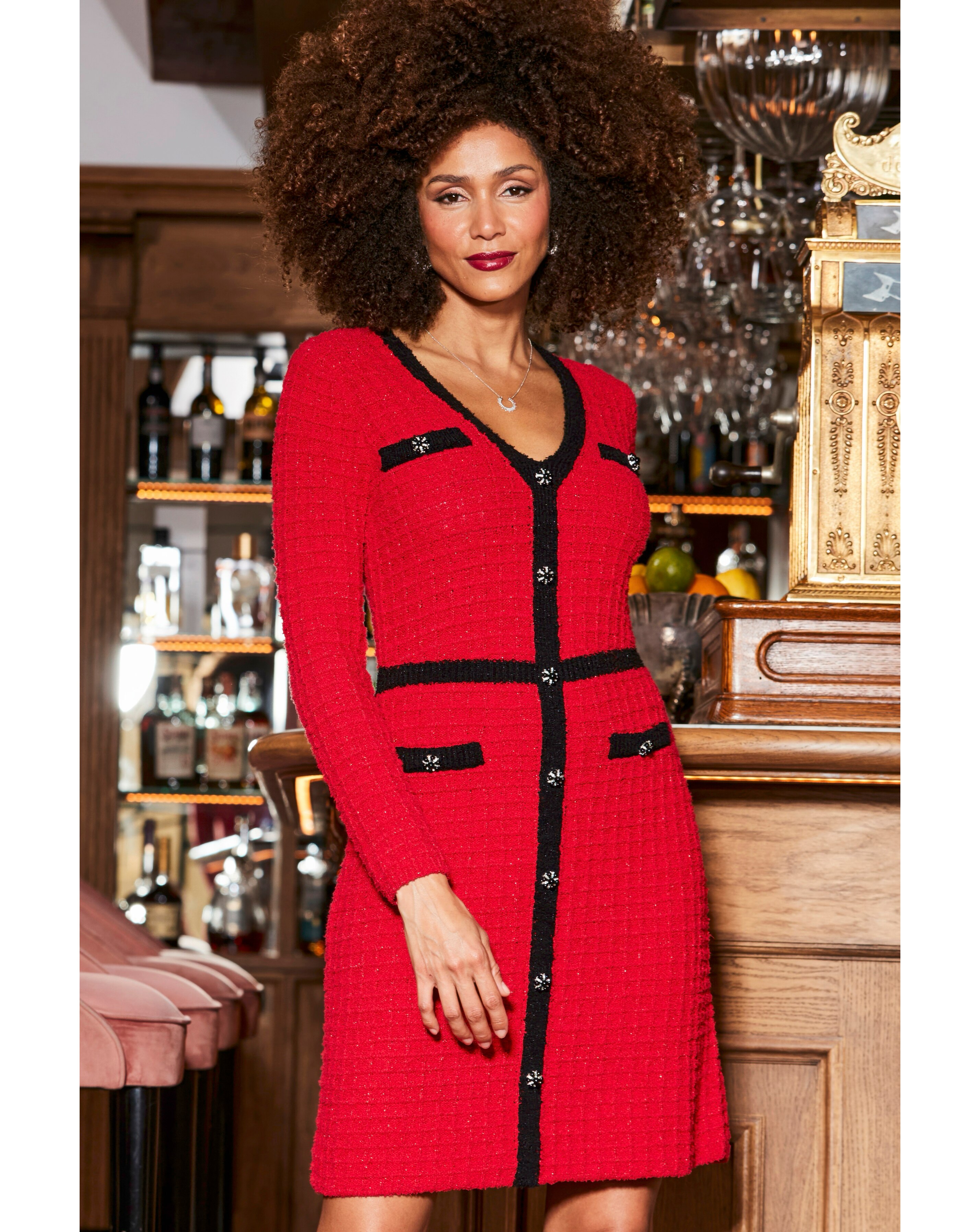 Sosandar Red Tweedy Knit Button Shift Dress | JD Williams