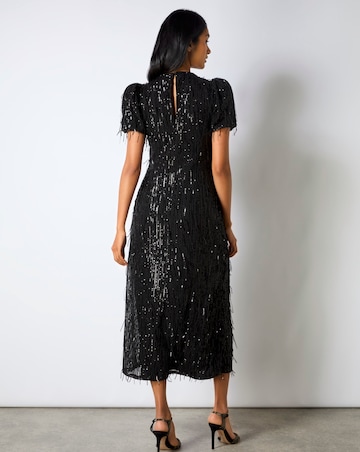 Ro&Zo Gina Black Fringe Sequin Puff Sleeve Midi Dress