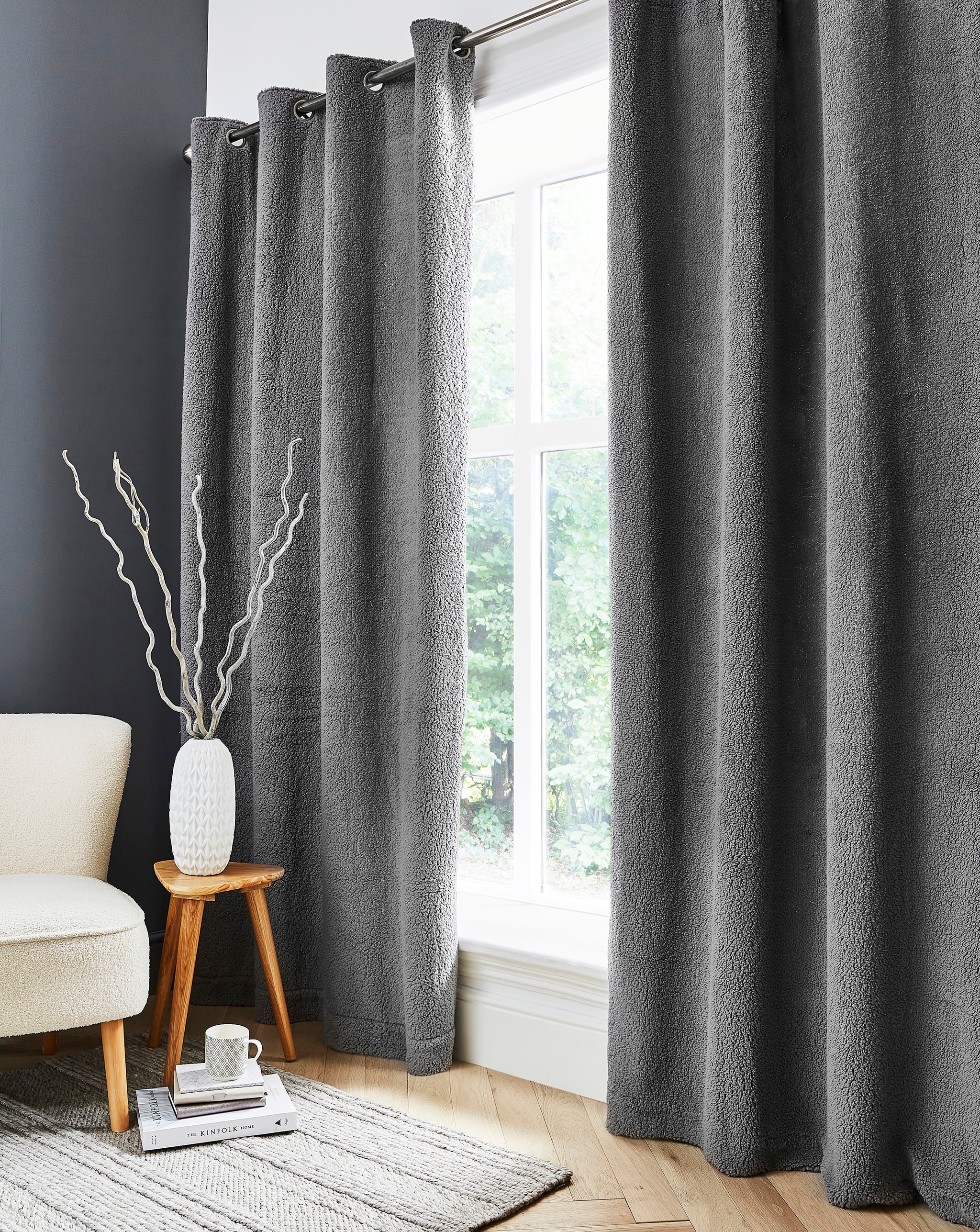 Full length ,textured, grey, porthole curtains