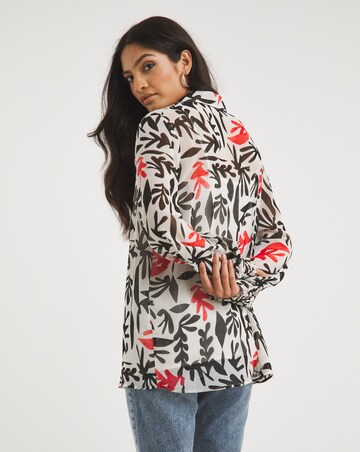 Black Print Sheer Shirred Detail Shirt With Cami