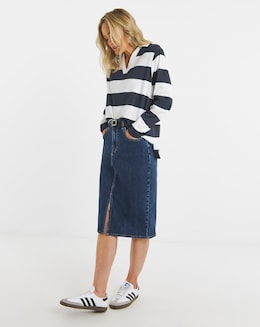 Mid Blue Over The Knee Denim Skirt
