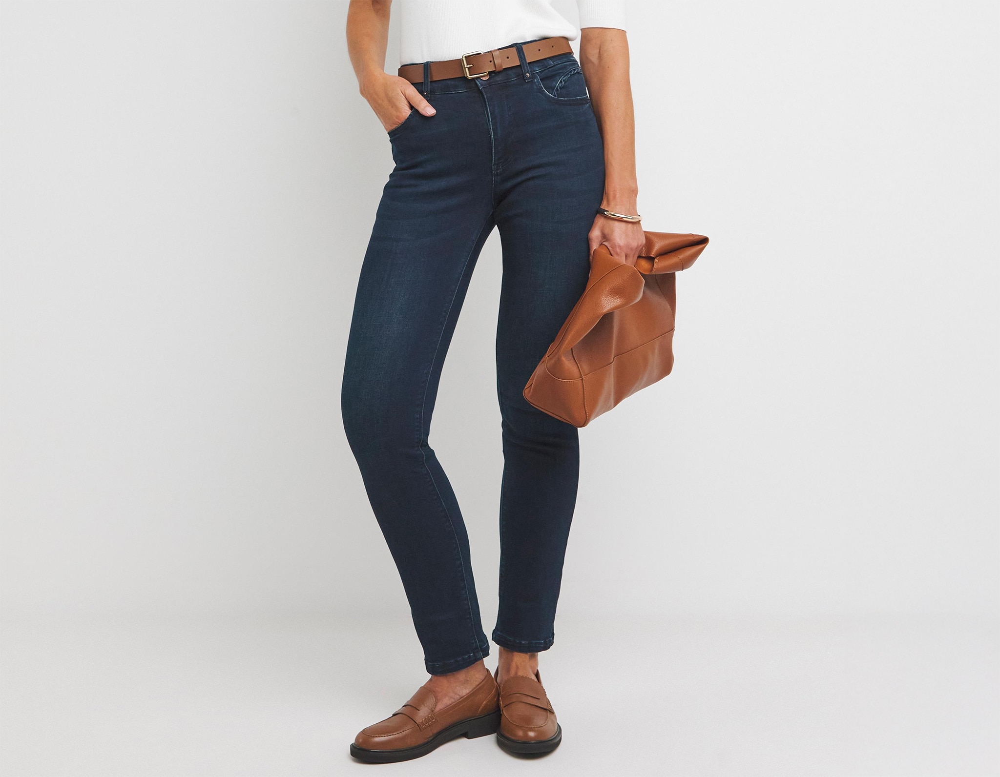 Lady wearing straight leg jeans