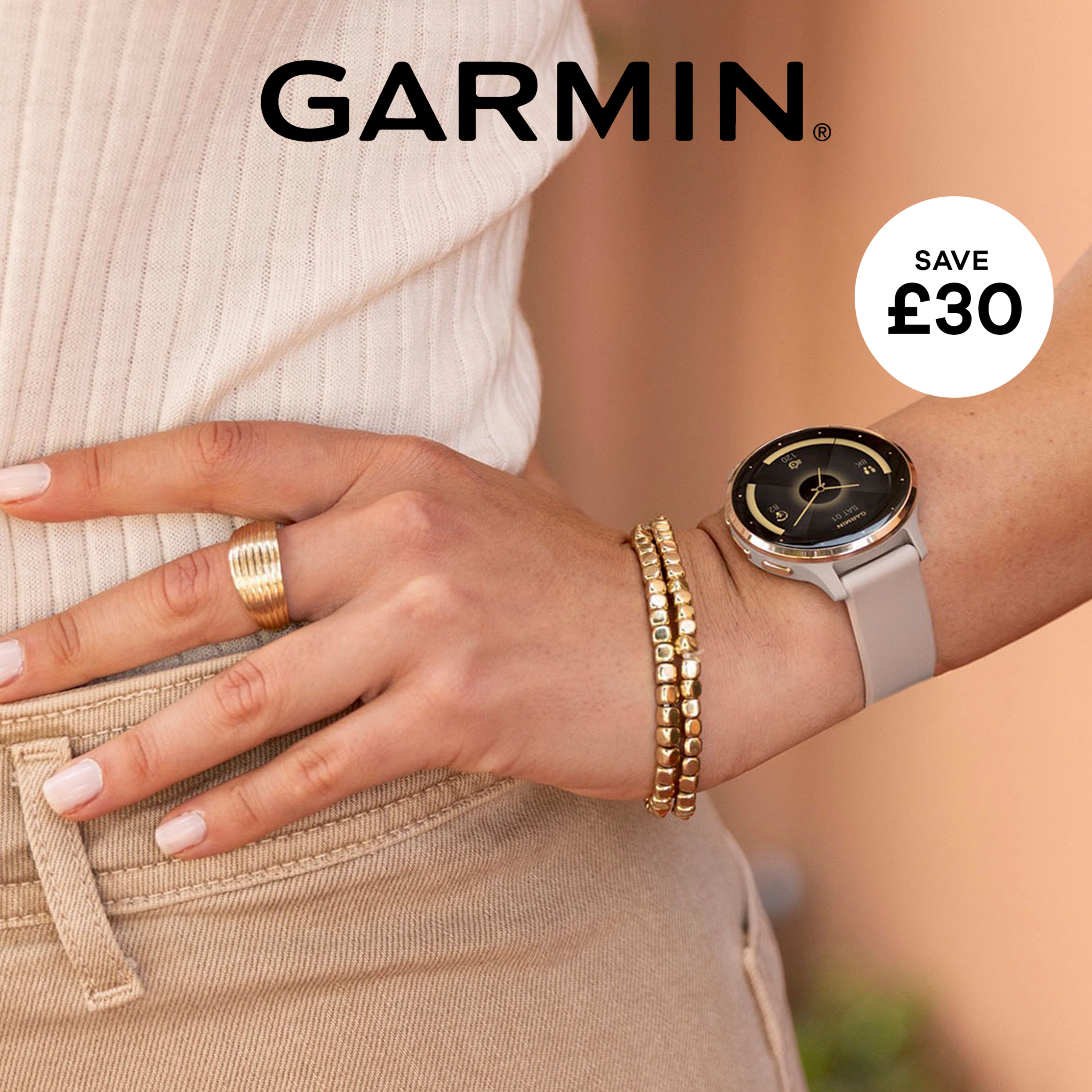 Garmin Venu 3S 41mm Smart Watch - Ivory/Soft Gold is pictured. Save £30.