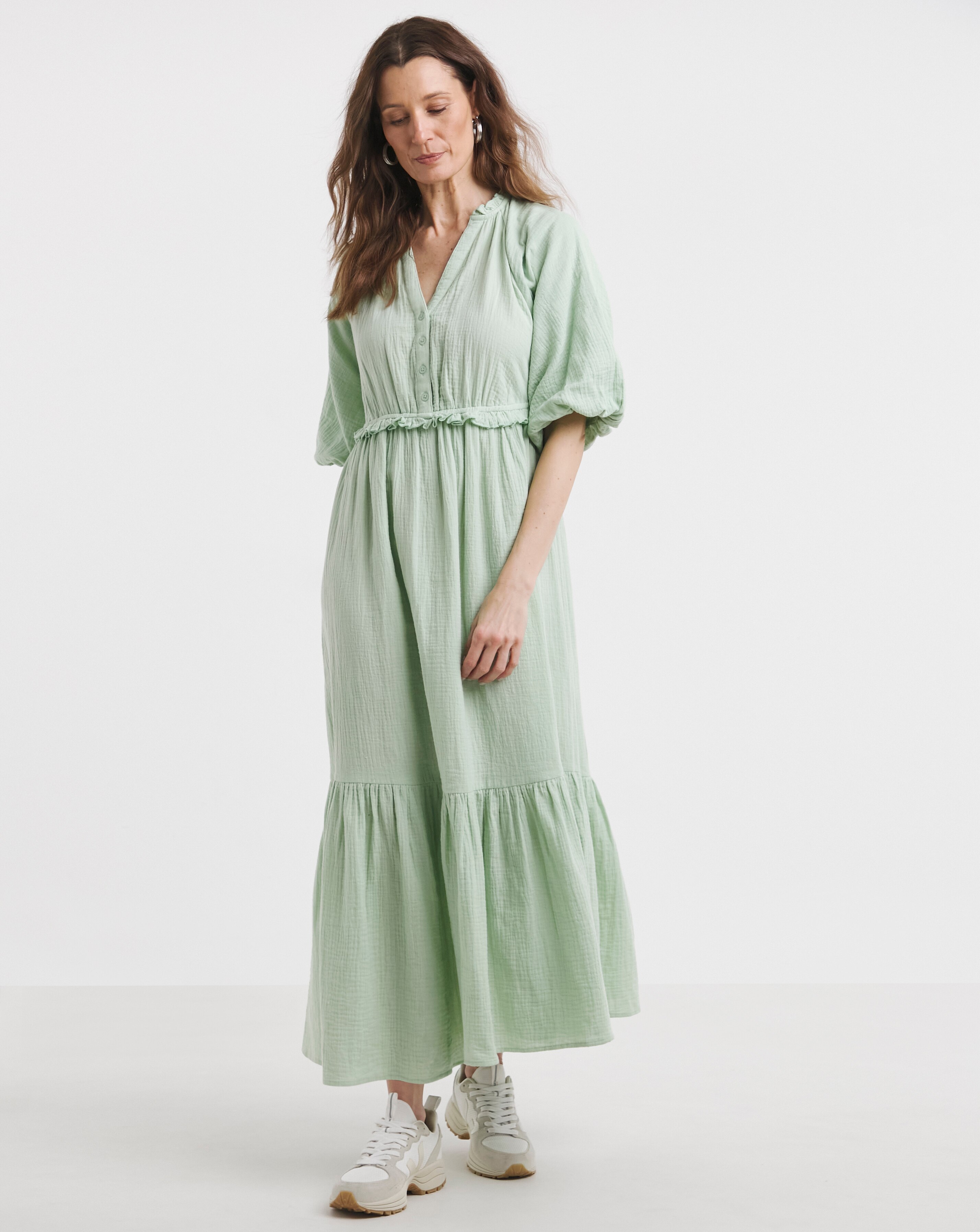 Pure Cotton Textured Bubble Sleeve Maxi Dress