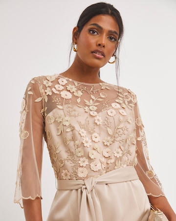 Joanna Hope Latte 3D Lace Scallop Sleeve Satin Midi Dress